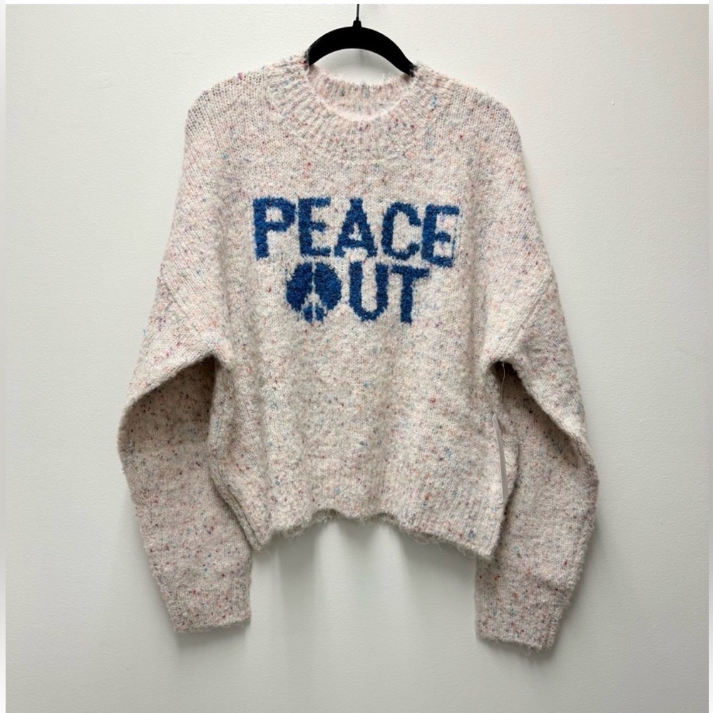 Spiritual Gangster Cream Speckled 'PEACE OUT' Blue Text Sweater